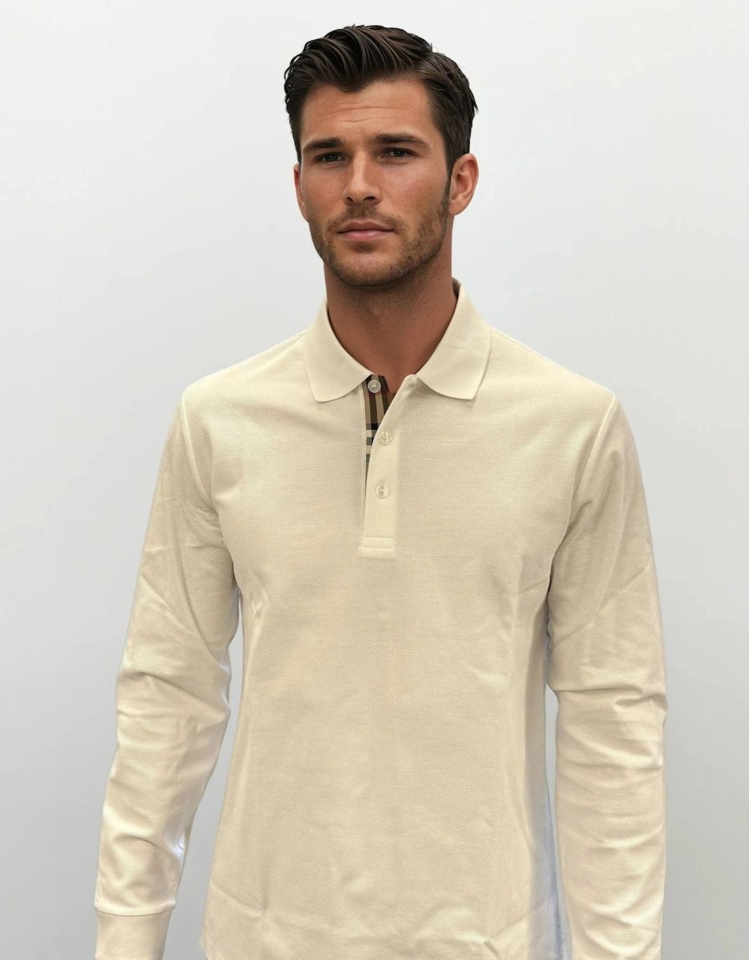 'Hartford' Long Sleeved Check Placket Polo-Shirt White