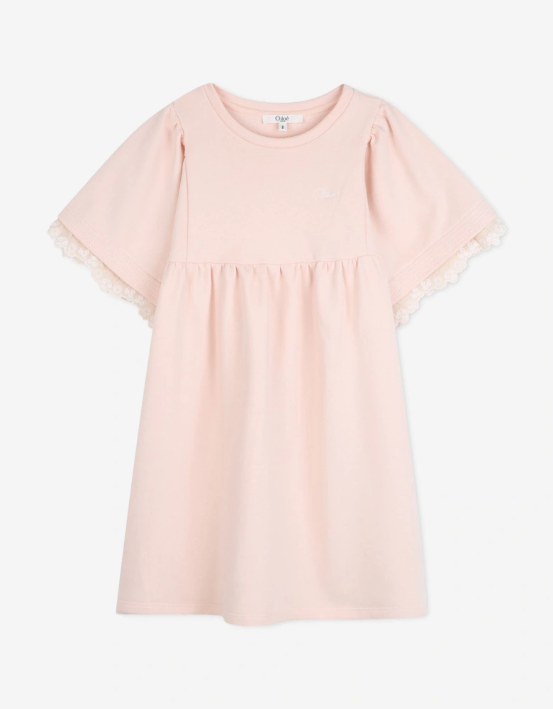 Girls Embroidered Flutter Sleeve Dress in Pink