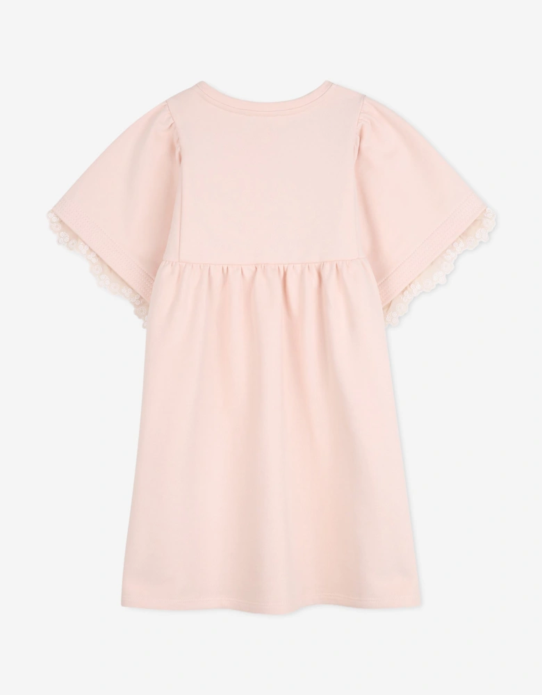 Girls Embroidered Flutter Sleeve Dress in Pink