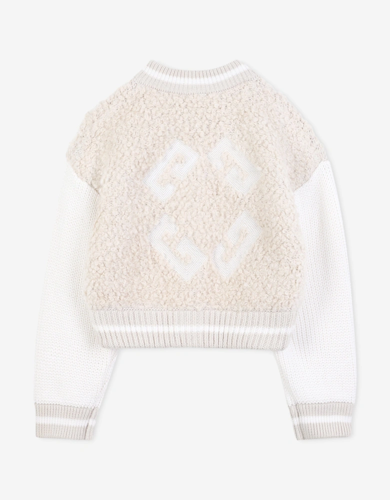 Girls Faux Shearling Bomber Cardigan in Ivory