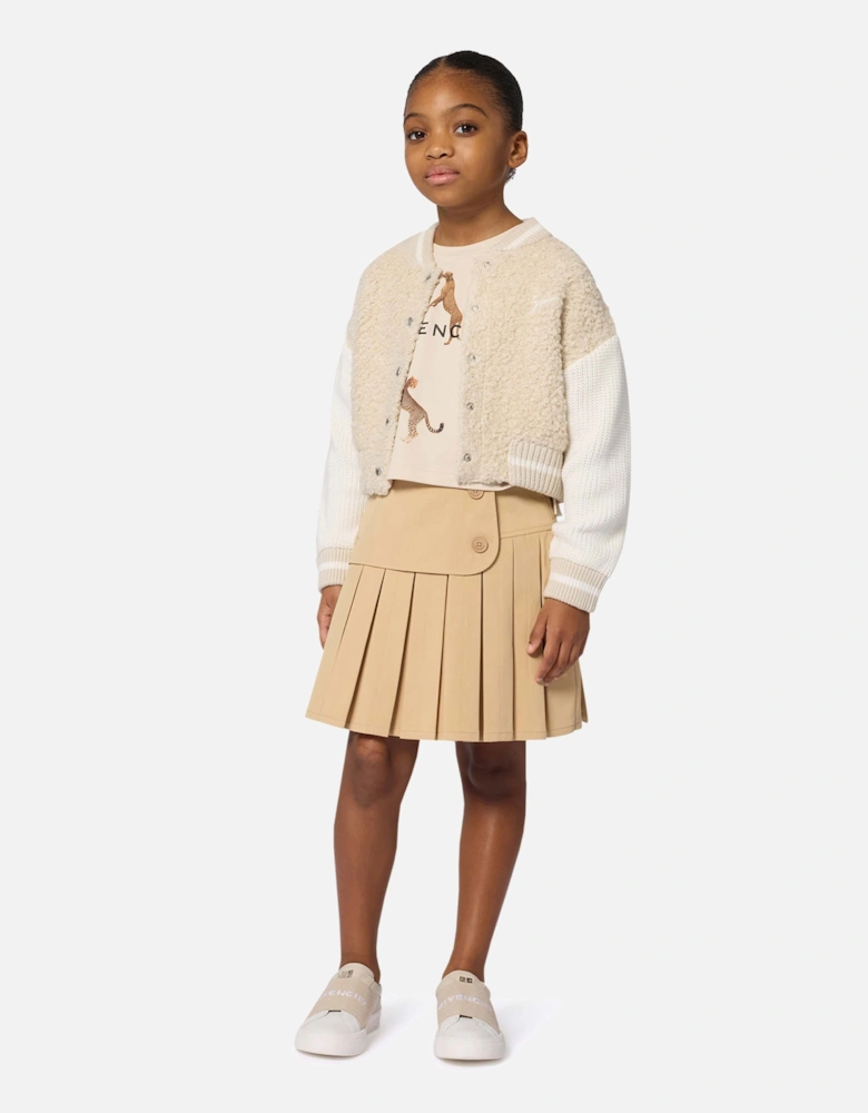 Girls Faux Shearling Bomber Cardigan in Ivory