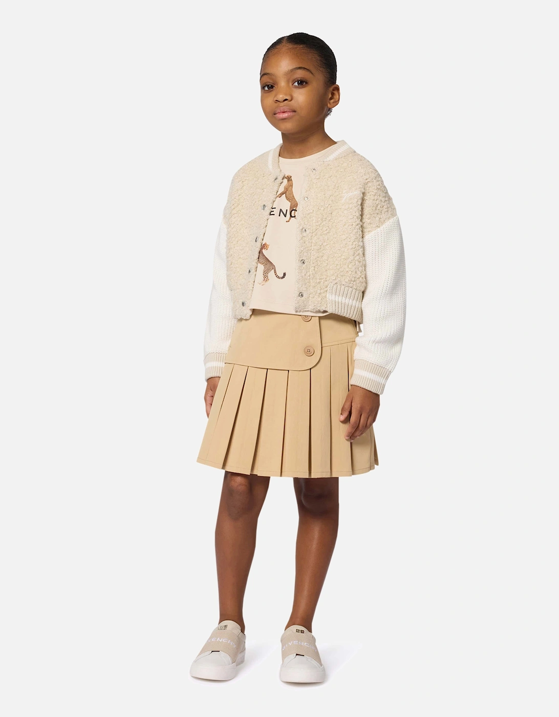 Girls Faux Shearling Bomber Cardigan in Ivory