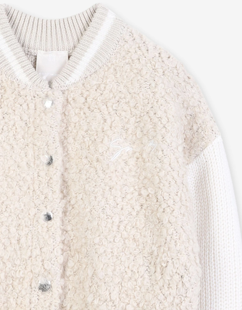 Girls Faux Shearling Bomber Cardigan in Ivory