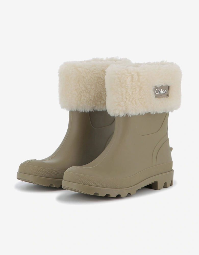 Girls Faux Shearling Rain Boots in Beige