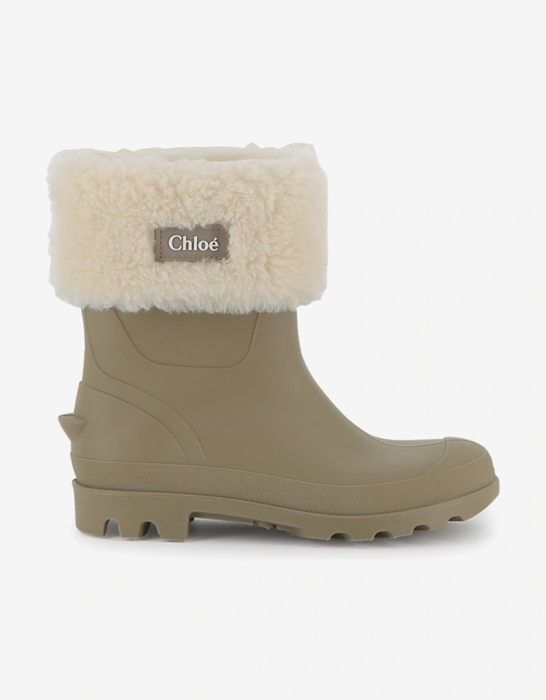 Girls Faux Shearling Rain Boots in Beige