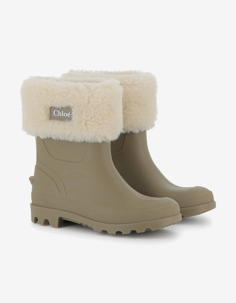 Girls Faux Shearling Rain Boots in Beige