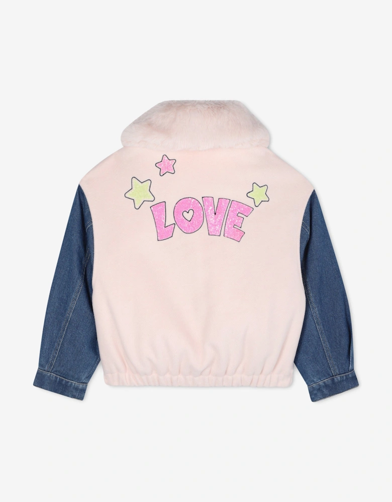 Billieblush Girls Faux Fur Collar and Denim Sleeve Jacket in Pink