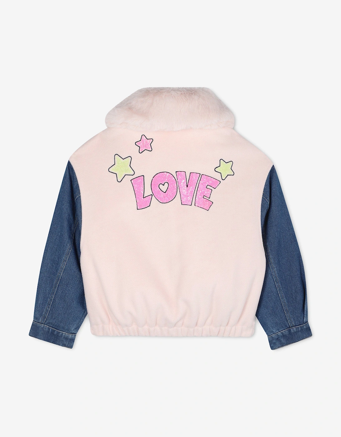 Billieblush Girls Faux Fur Collar and Denim Sleeve Jacket in Pink