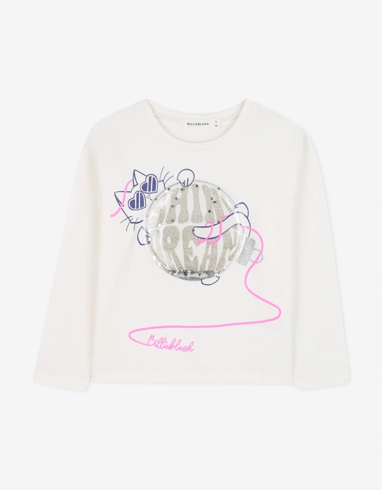 Billieblush Girls Cat Print Long Sleeve T-Shirt in Ivory