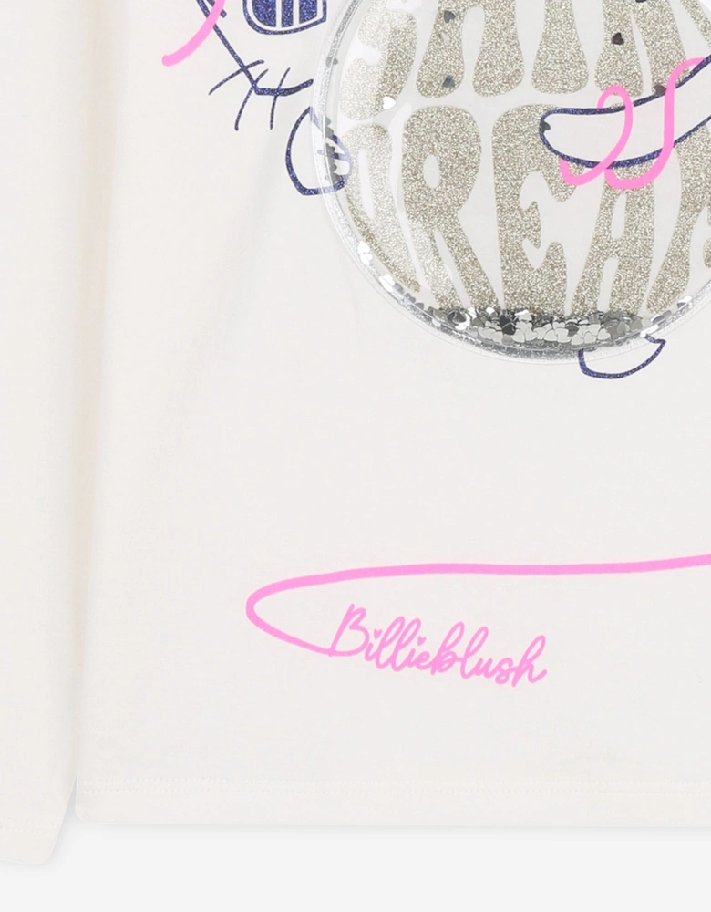 Billieblush Girls Cat Print Long Sleeve T-Shirt in Ivory