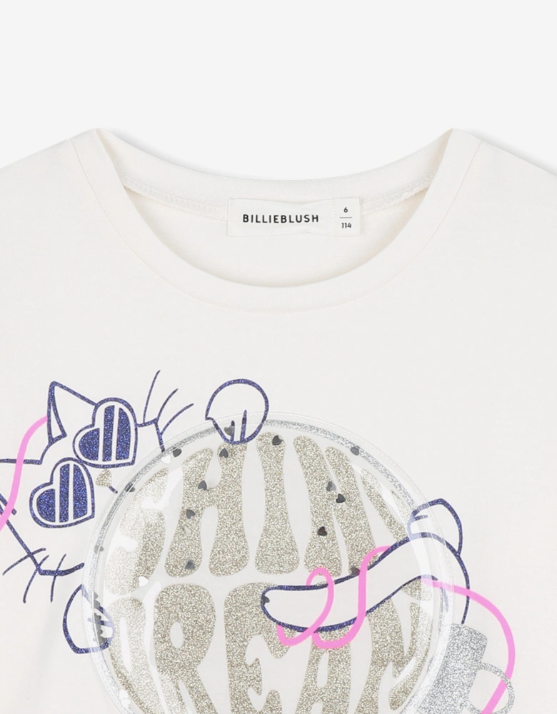 Billieblush Girls Cat Print Long Sleeve T-Shirt in Ivory