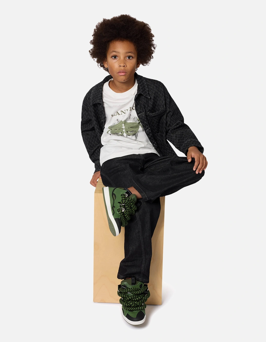 Kids Leather Curb Trainers in Green