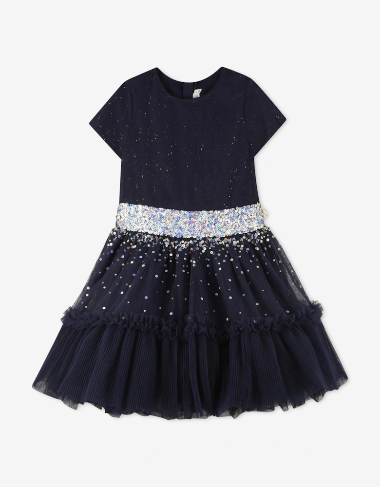 Billieblush Girls Velvet and Mesh Sequin Dress in Navy
