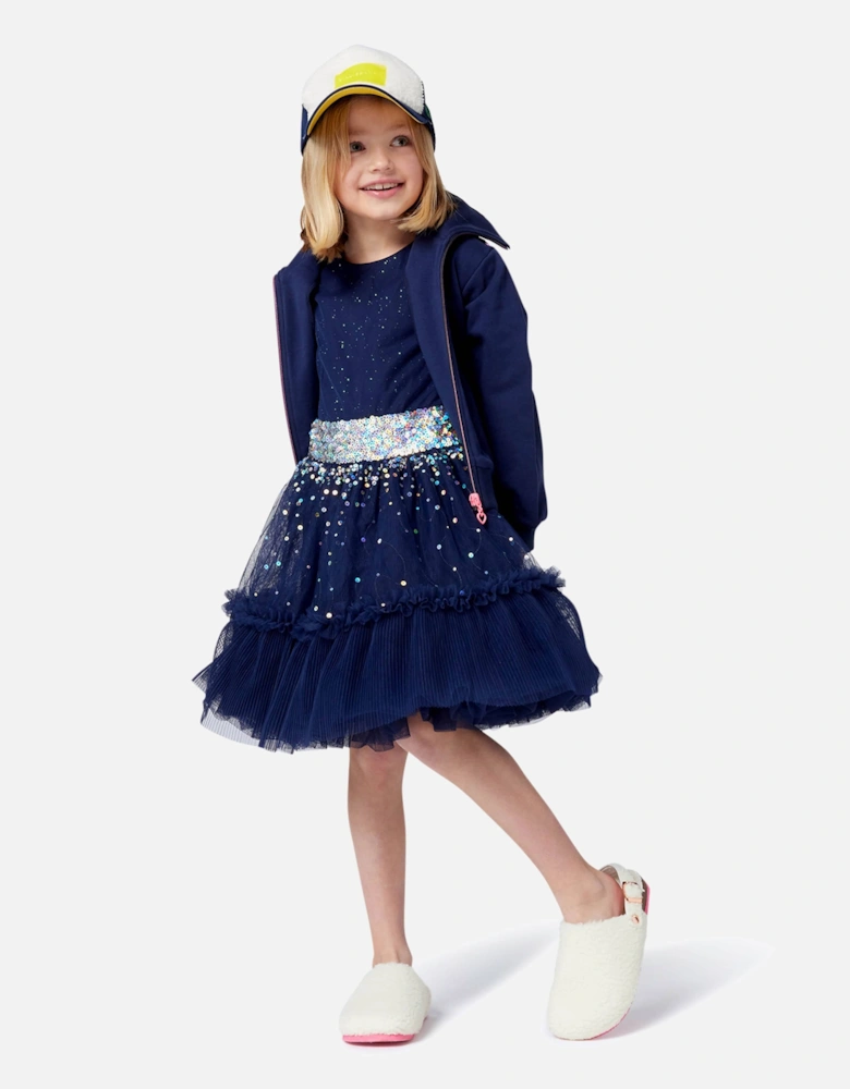 Billieblush Girls Velvet and Mesh Sequin Dress in Navy