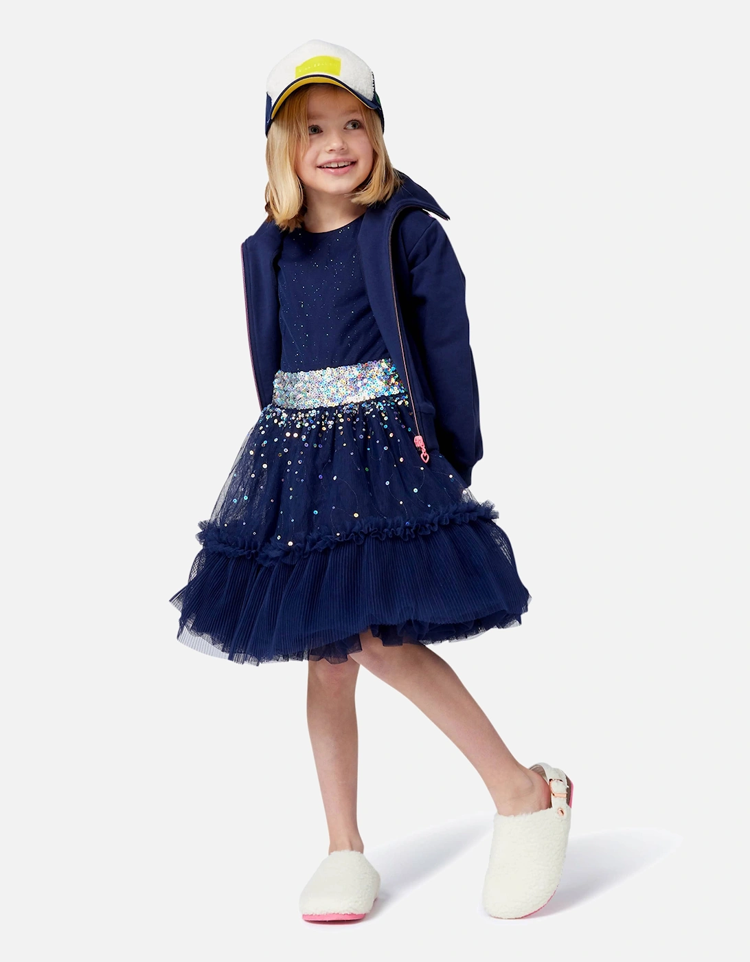 Billieblush Girls Velvet and Mesh Sequin Dress in Navy
