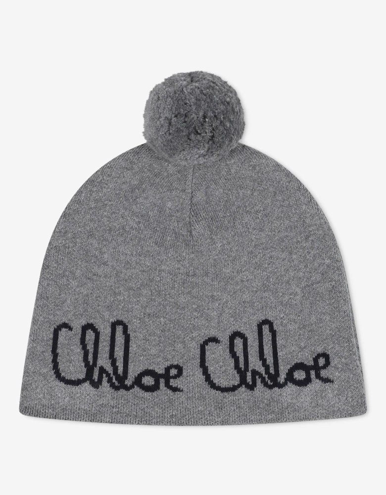 Girls Jacquard Logo Knitted Hat in Grey