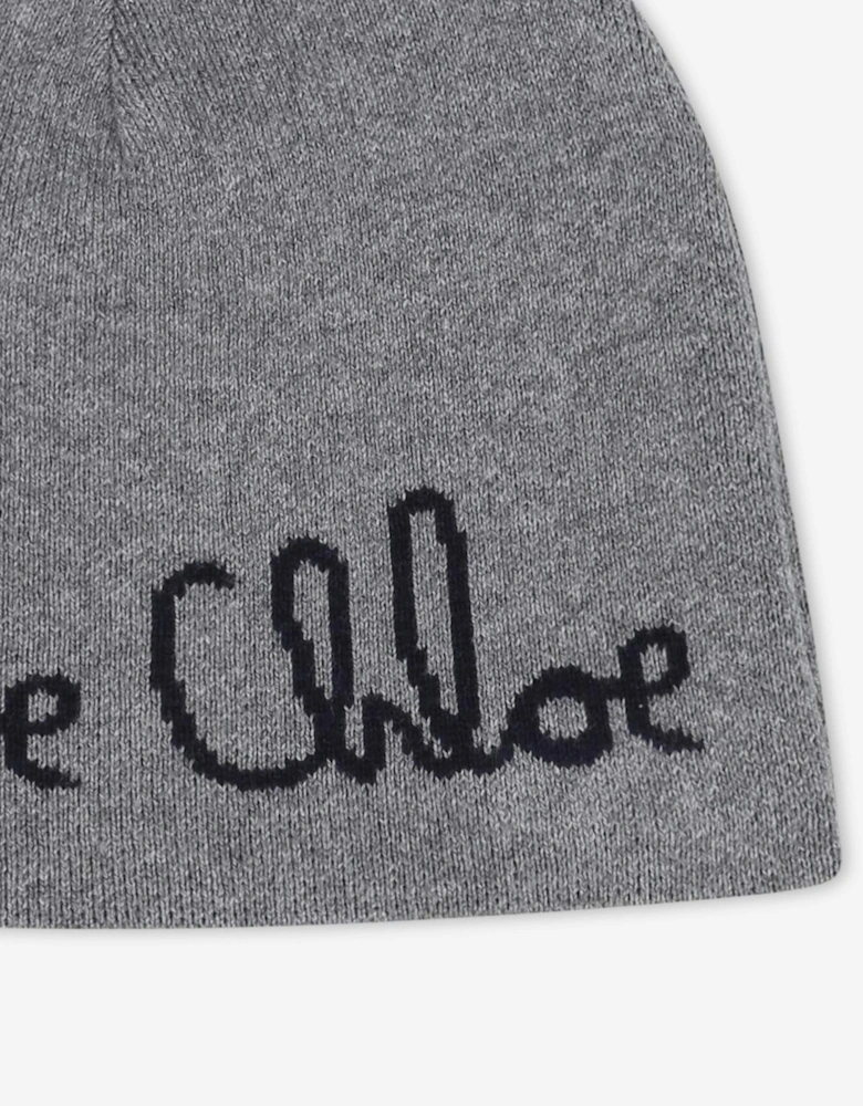 Girls Jacquard Logo Knitted Hat in Grey