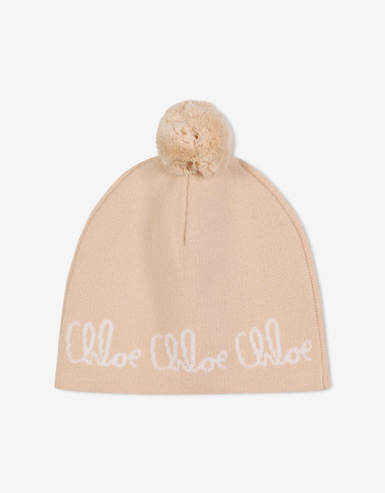 Girls Jacquard Logo Knitted Hat in Beige