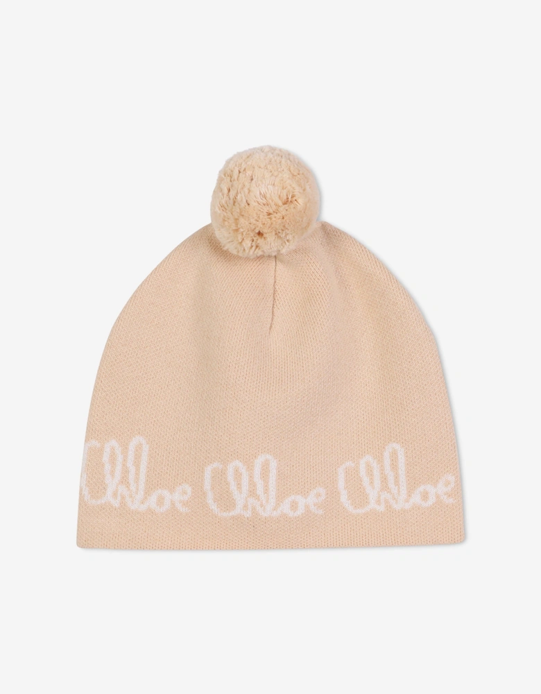 Girls Jacquard Logo Knitted Hat in Beige