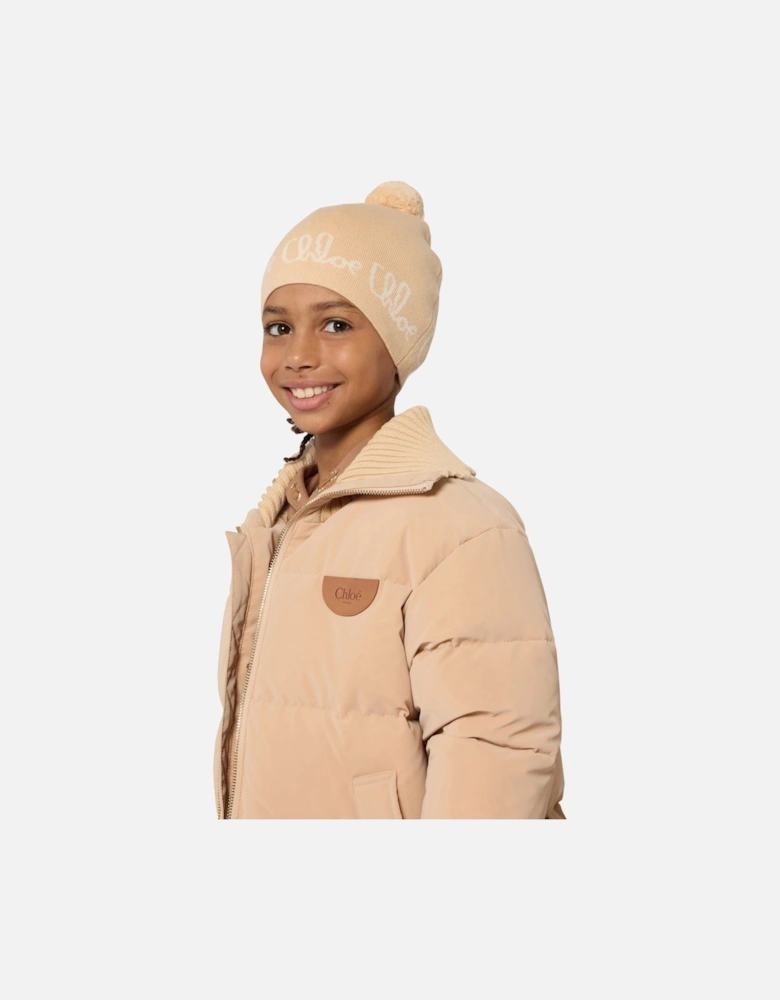 Girls Jacquard Logo Knitted Hat in Beige