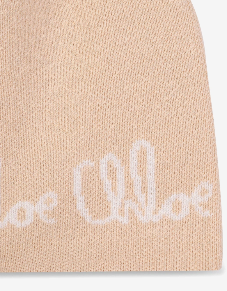 Girls Jacquard Logo Knitted Hat in Beige
