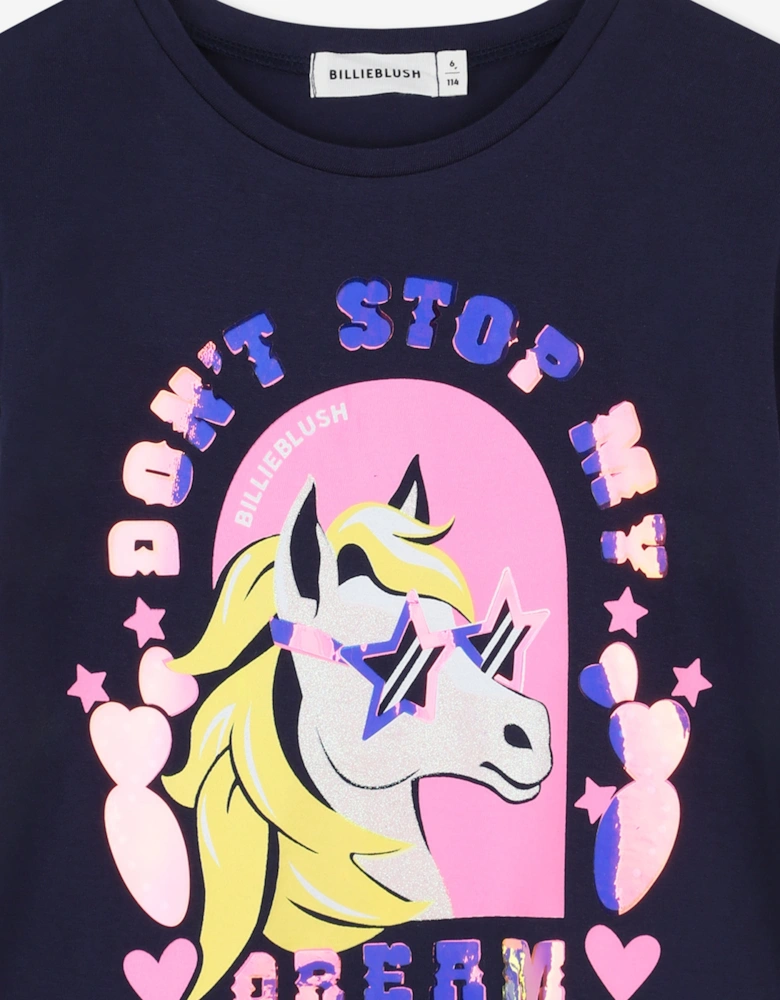 Billieblush Girls Horse Print T-Shirt in Navy