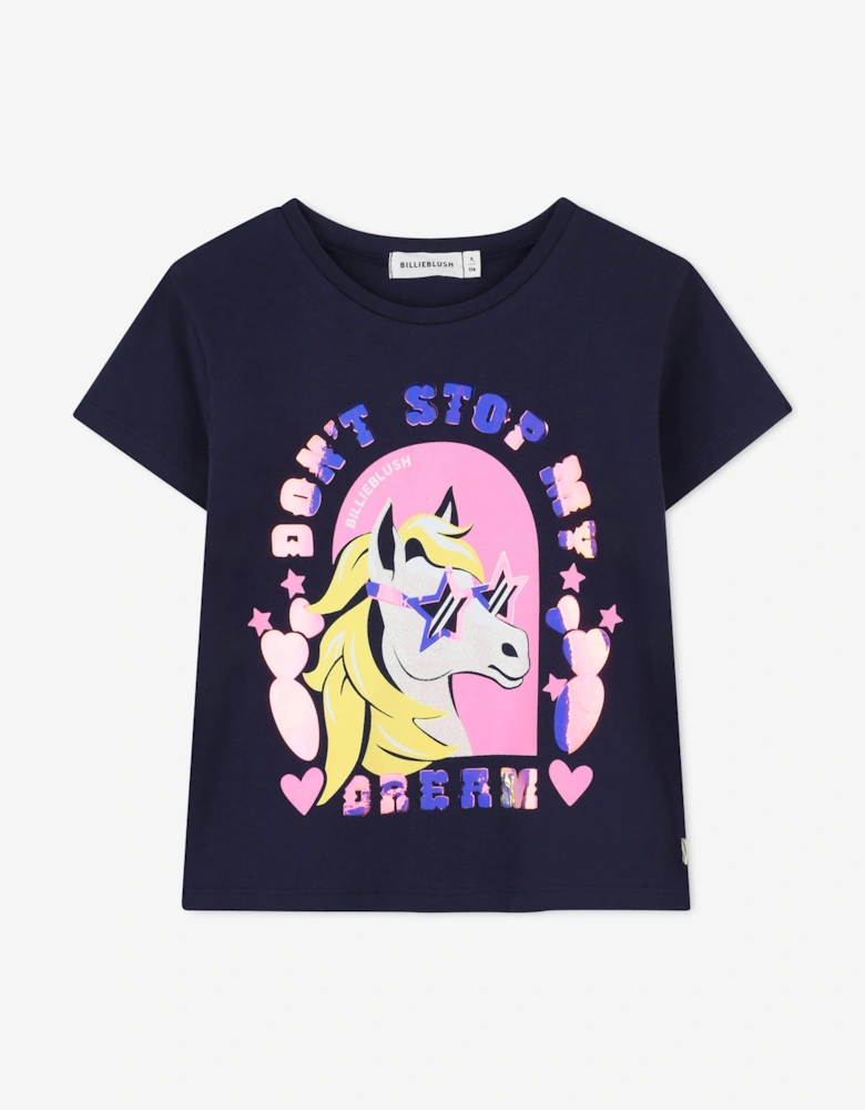 Billieblush Girls Horse Print T-Shirt in Navy