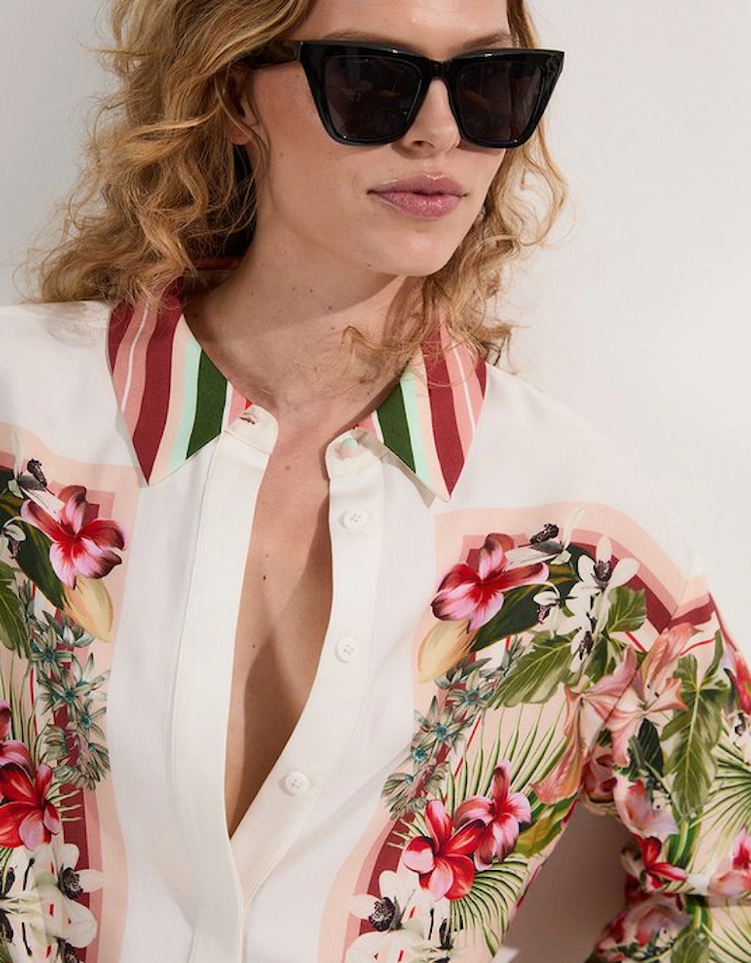 Tall Mirrored Viscose Linen Floral Print Woven Shirt