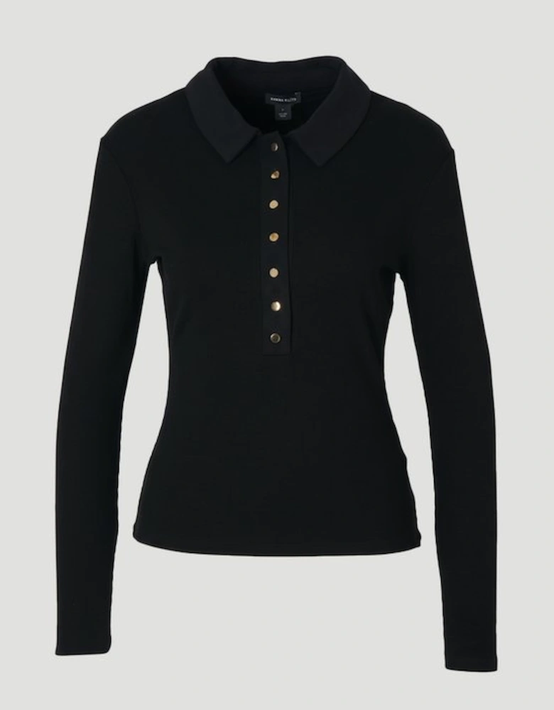 Viscose Rib Jersey Long Sleeve Collared Button Top