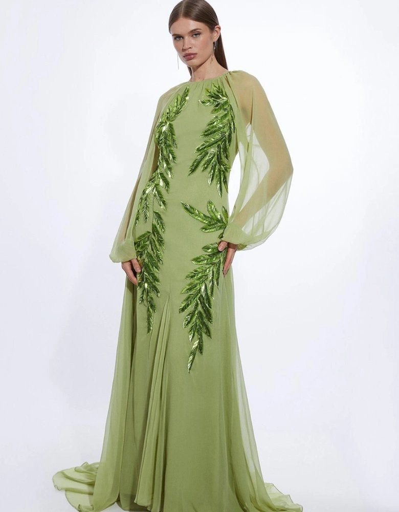 Feather Embellished Woven Long Sleeve Maxi Dress