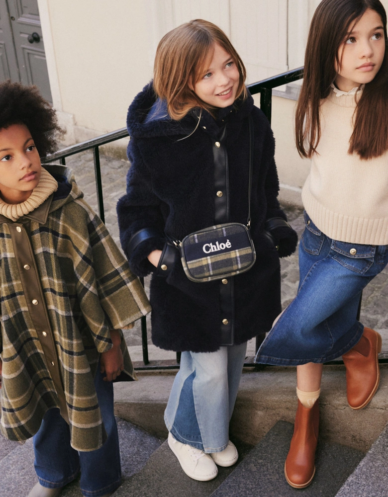 Girls Faux Shearling Hooded Coat in Navy