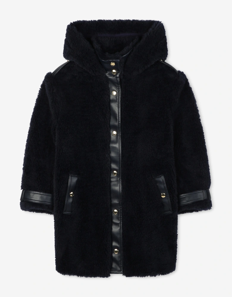 Girls Faux Shearling Hooded Coat in Navy