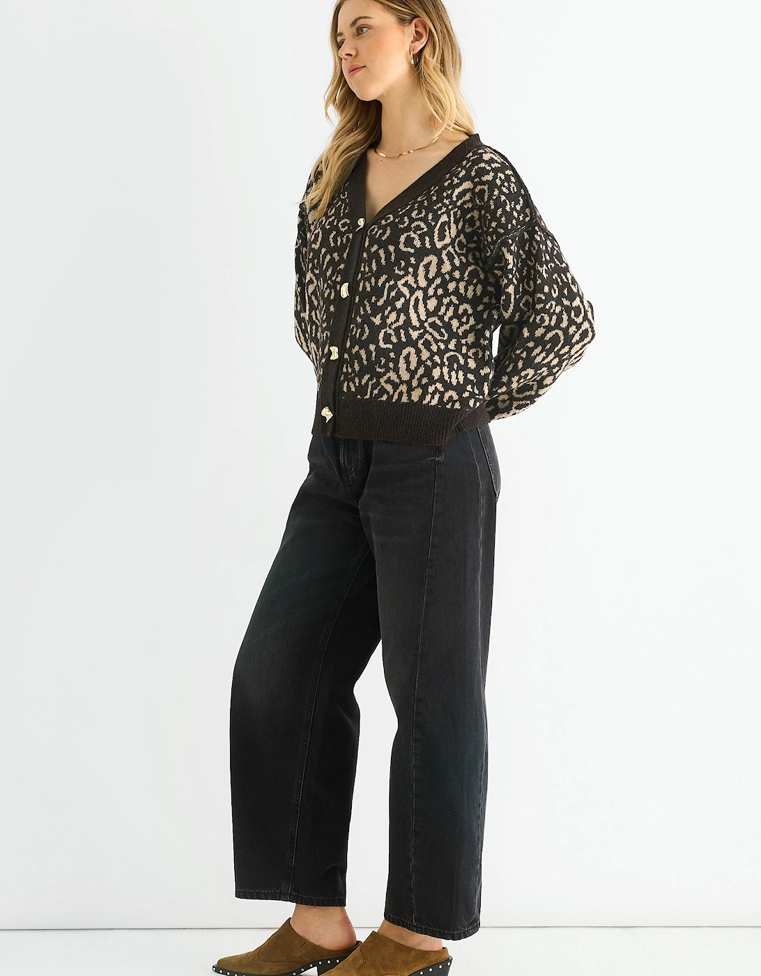 Chocolate Animal Print Wool Mix Cardigan Look Jumper