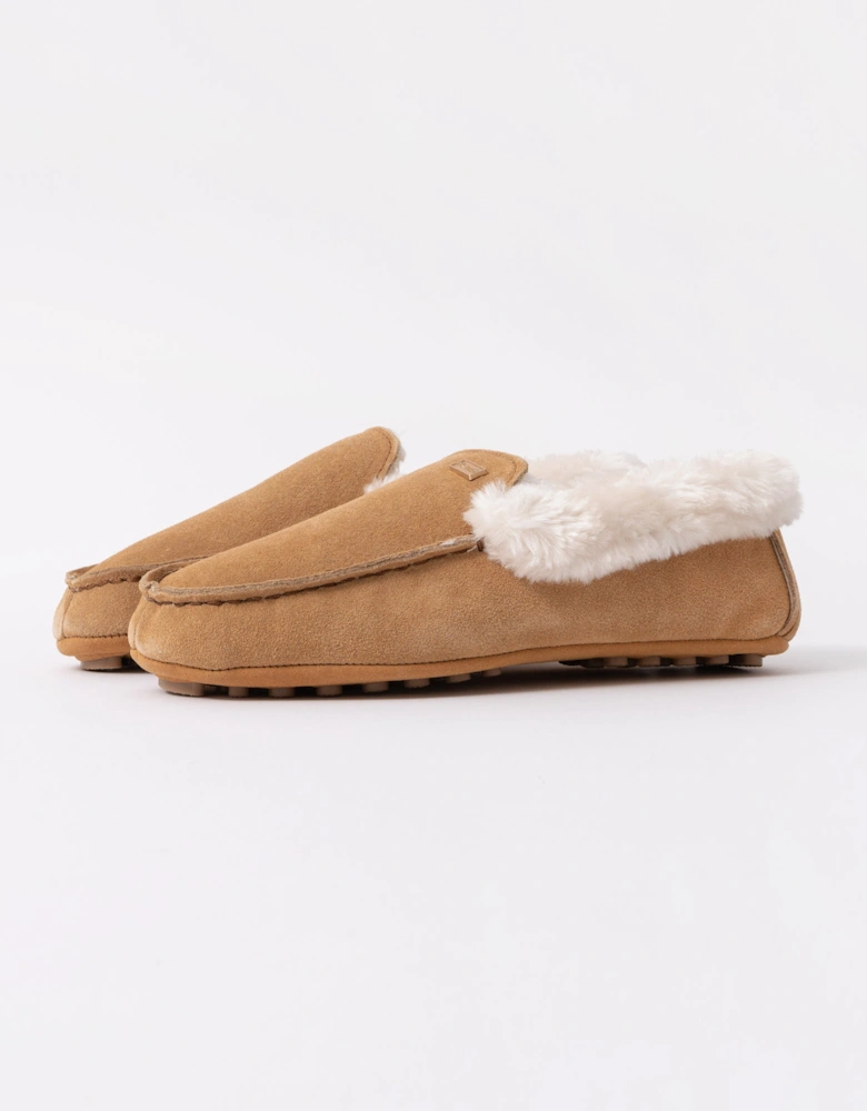 Womens Sherpa Collar Moccasin Slippers - Biscuit