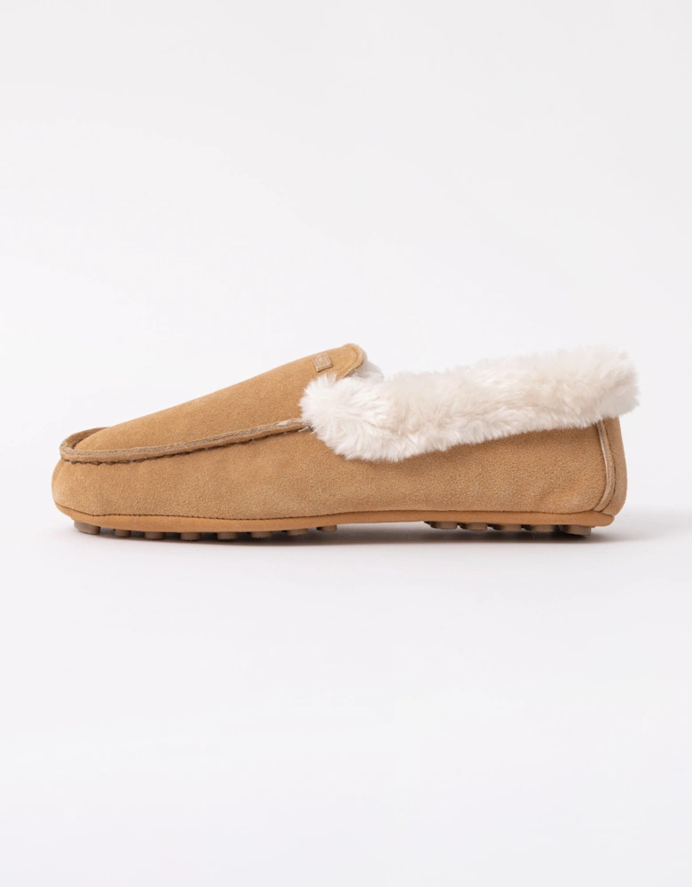 Womens Sherpa Collar Moccasin Slippers - Biscuit