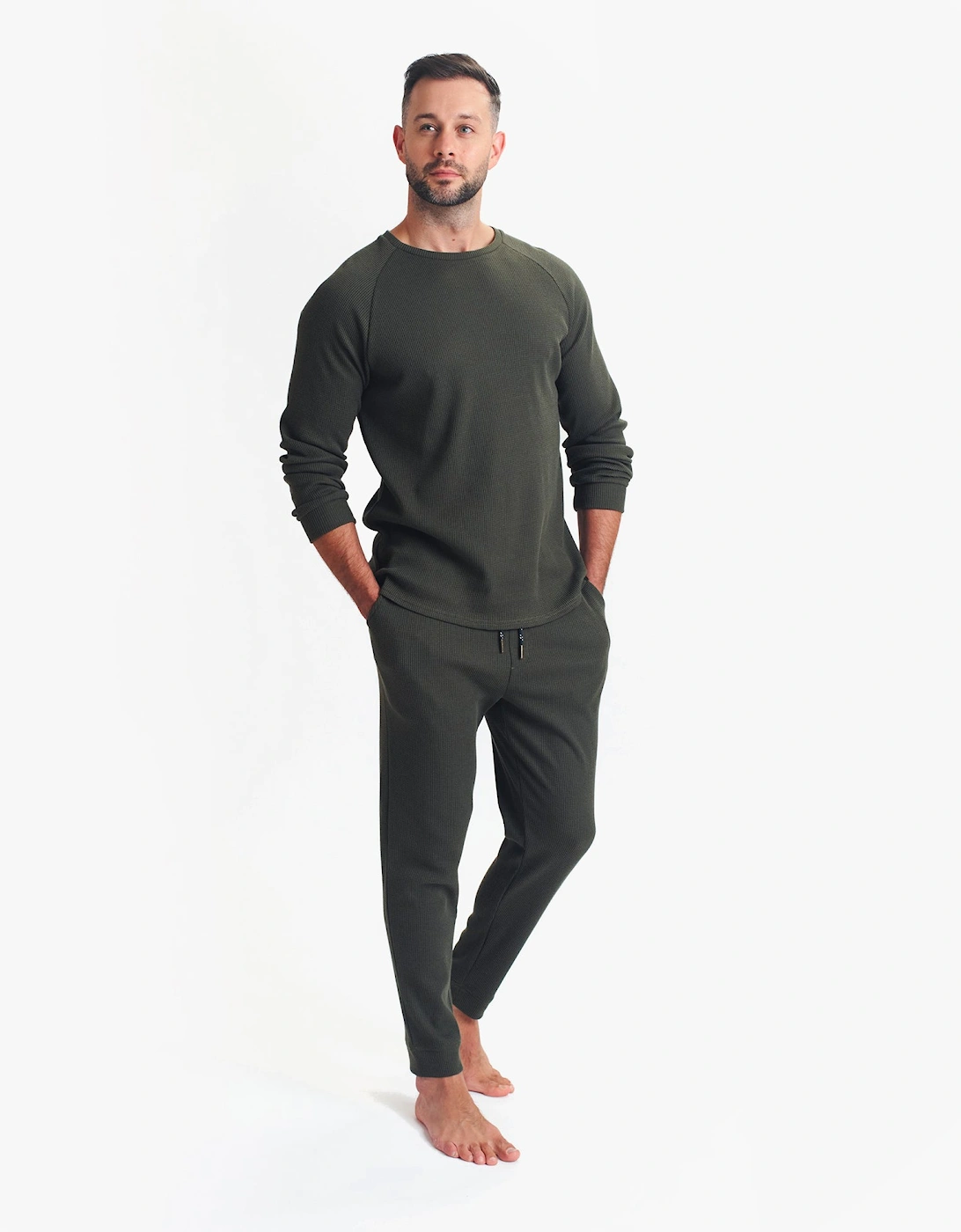 WAFFLE LONG SLEEVE SHIRT & JOGGER SET Mens Loungewear Khaki