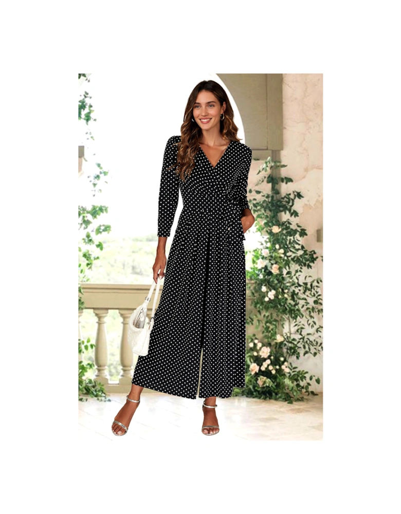 Dot Print Wrap Top Jumpsuit Dress In Black