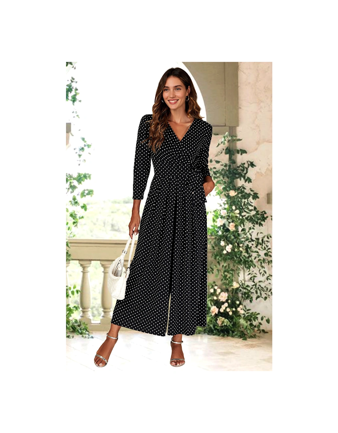 Dot Print Wrap Top Jumpsuit Dress In Black, 2 of 1