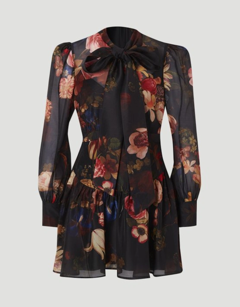 Floral Print Organdie High Neck Woven Mini Dress