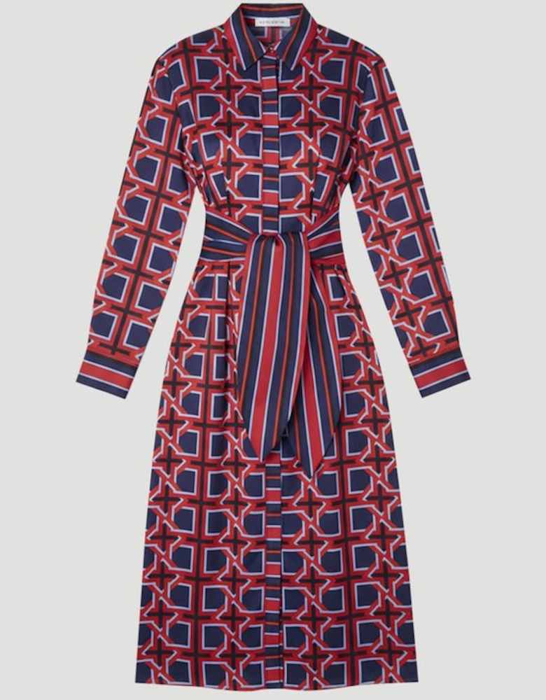 Geo Print Hammered Satin Tie Waist Woven Midi Dress