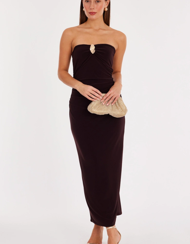 Brown Bandeau Ruched Midaxi Dress