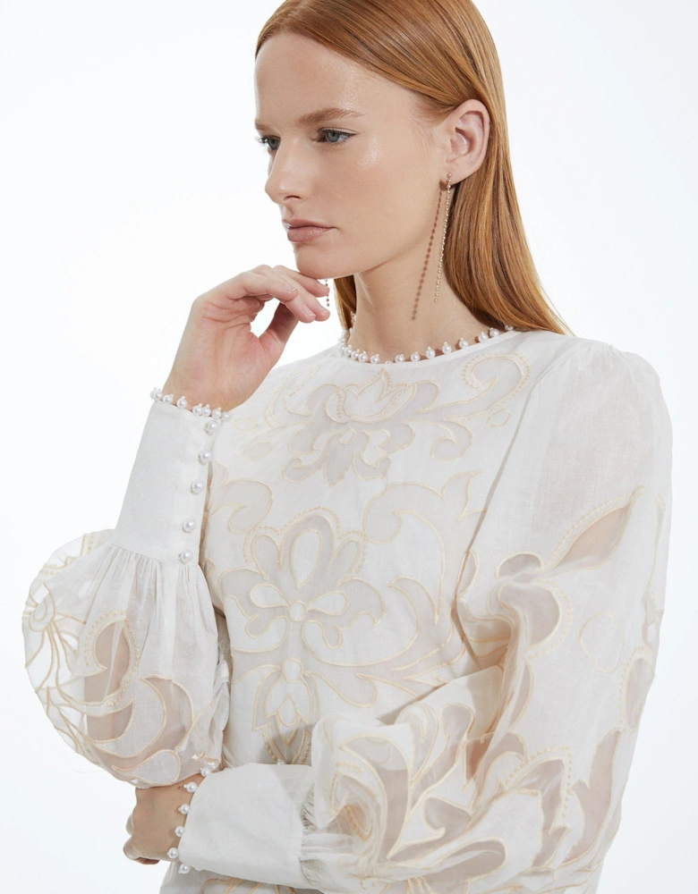 Cutwork Organdie Balloon Sleeve Woven Midi Dress