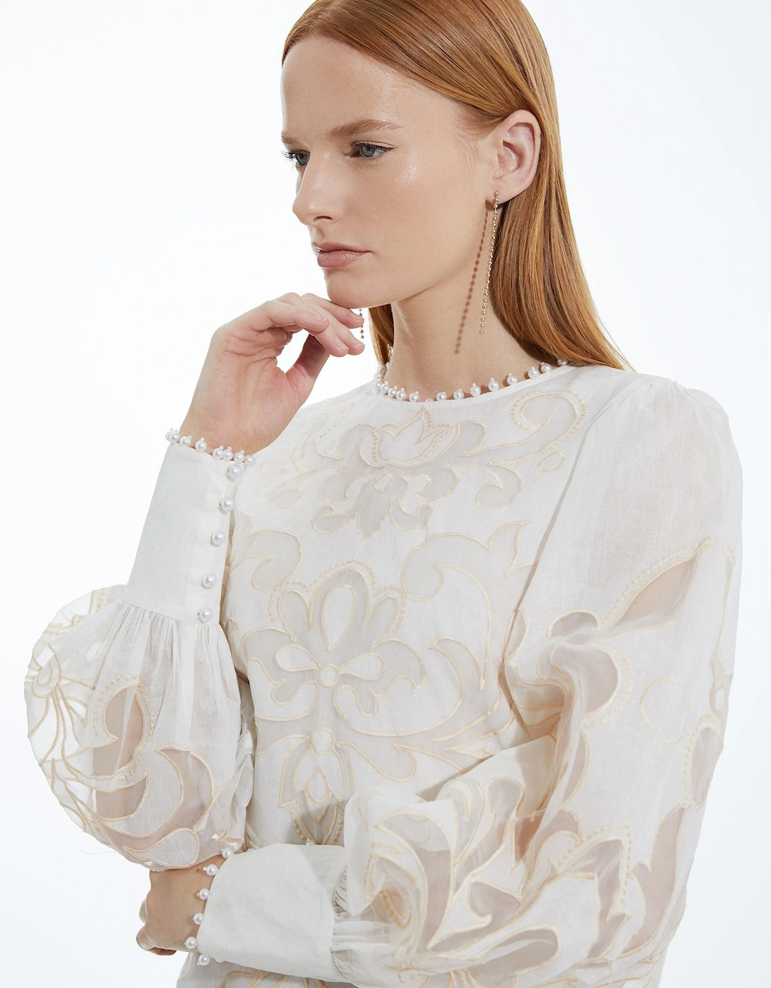 Cutwork Organdie Balloon Sleeve Woven Midi Dress, 2 of 1