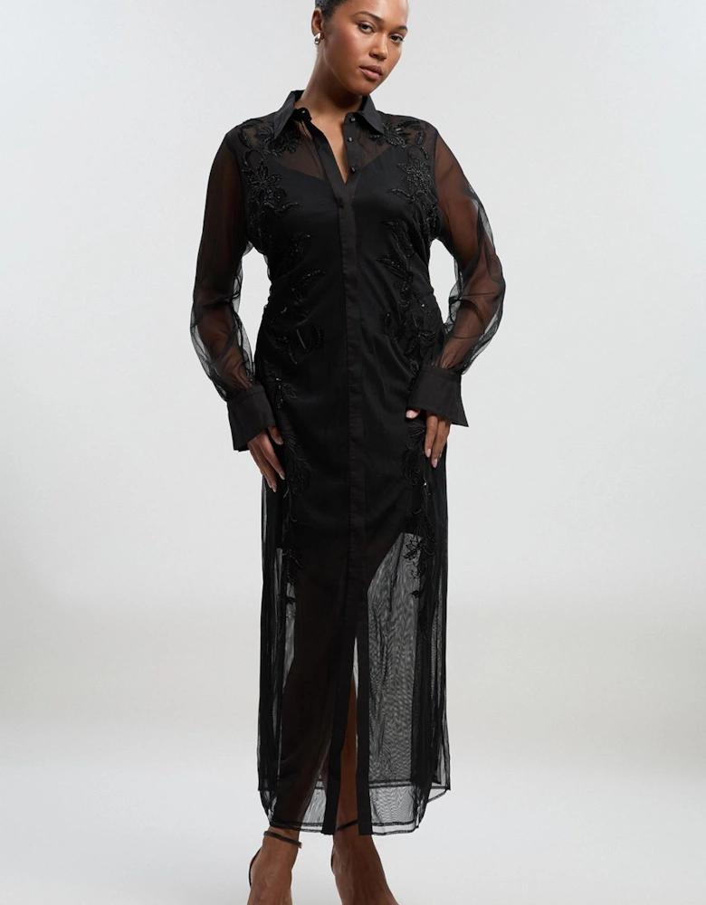 Archive Plus Size Mesh Embellished Embroidered Sheer Shirt Dress