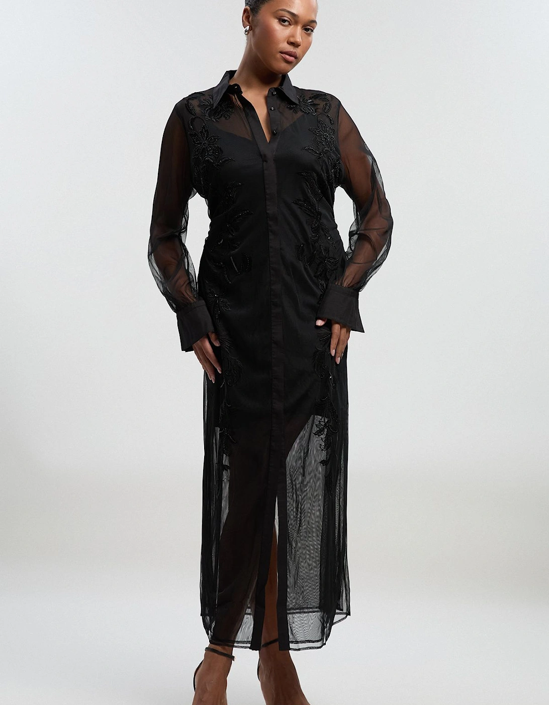 Archive Plus Size Mesh Embellished Embroidered Sheer Shirt Dress, 2 of 1
