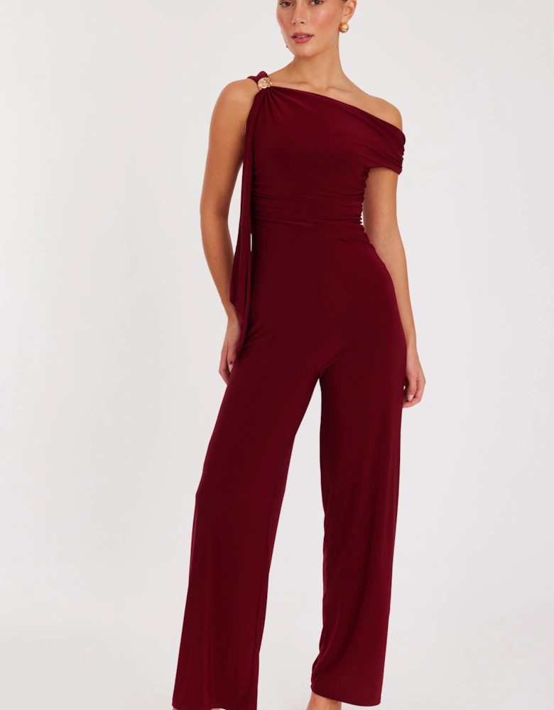 Burgundy One Shoulder Sash Detail Jumpsuit