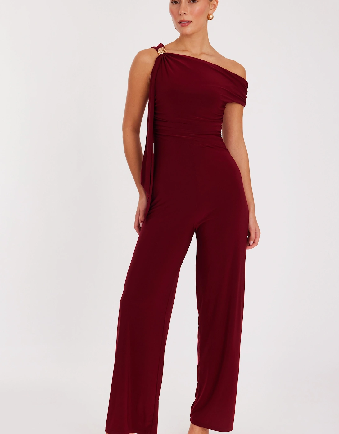 Burgundy One Shoulder Sash Detail Jumpsuit, 2 of 1