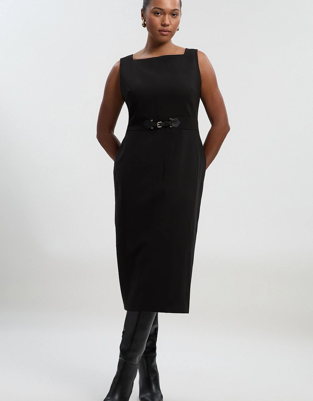 Plus Size Compact Essential Tab Waist Pencil Midi Dress, 2 of 1