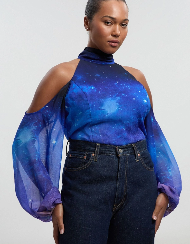 Plus Size Cosmic Cold Shoulder Woven Blouse