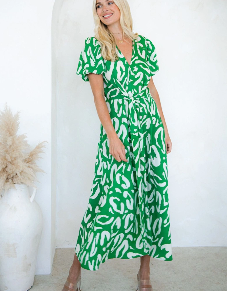 Green Animal Tie Front Midi Dress